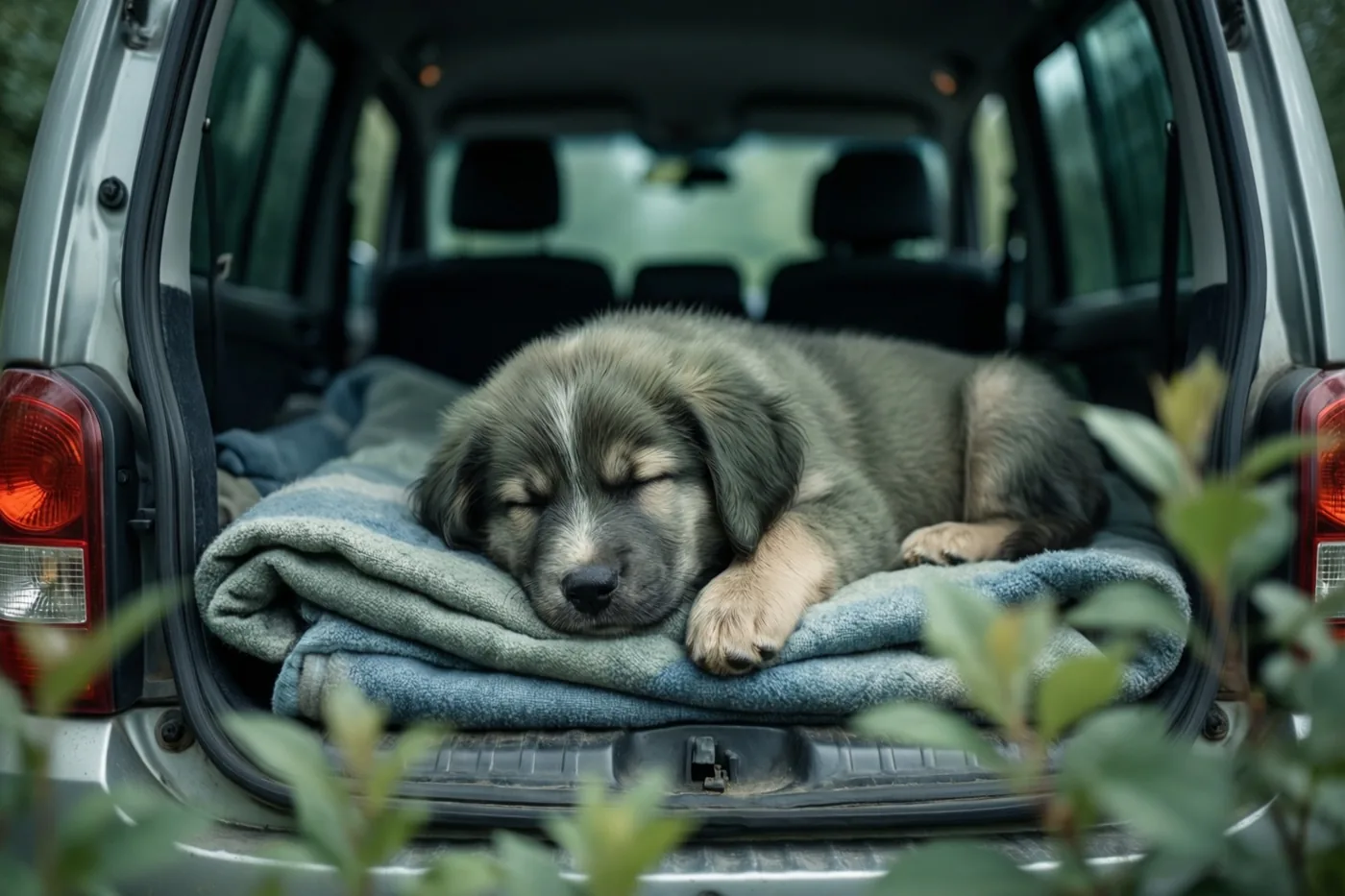Een kleine grijze puppy slaapt op een opgevouwen blauwe deken achter in een open zilverkleurige bestelwagen, met groen op de voorgrond.