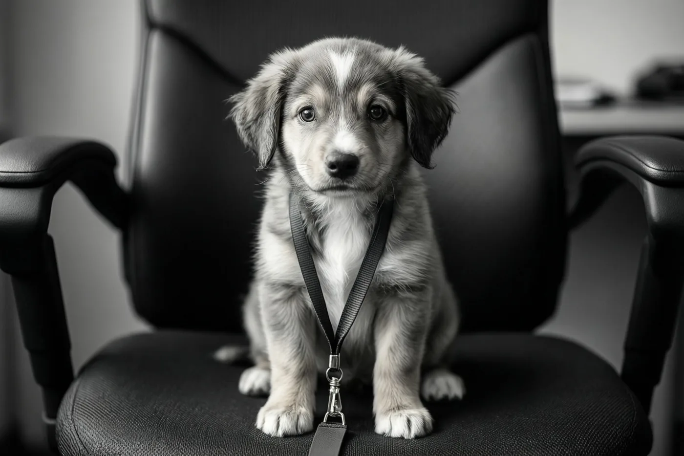 Een grijze puppy met een witte borst zit rechtop op een zwarte bureaustoel met een onbedrukt zwart halskoord, op een monochrome foto.