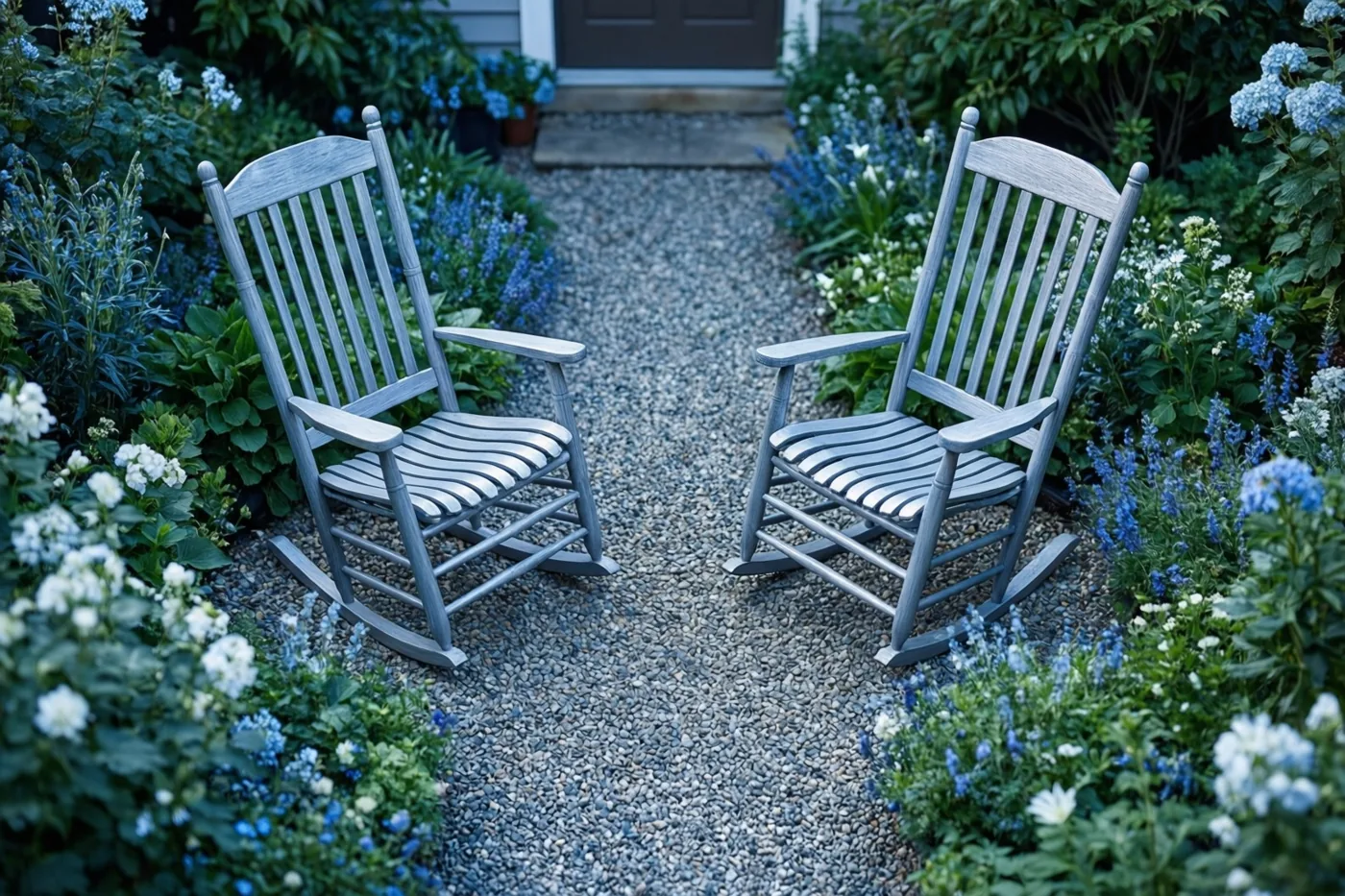 Twee grijze houten schommelstoelen staan op een grindpad in een weelderige tuin met blauwe en witte bloemen.