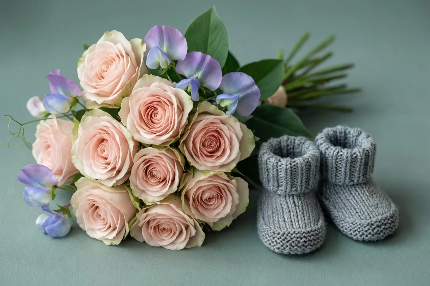Een boeket lichtroze rozen en paarse siererwten ligt naast kleine grijze gebreide babyslofjes op een gedempt groene ondergrond.