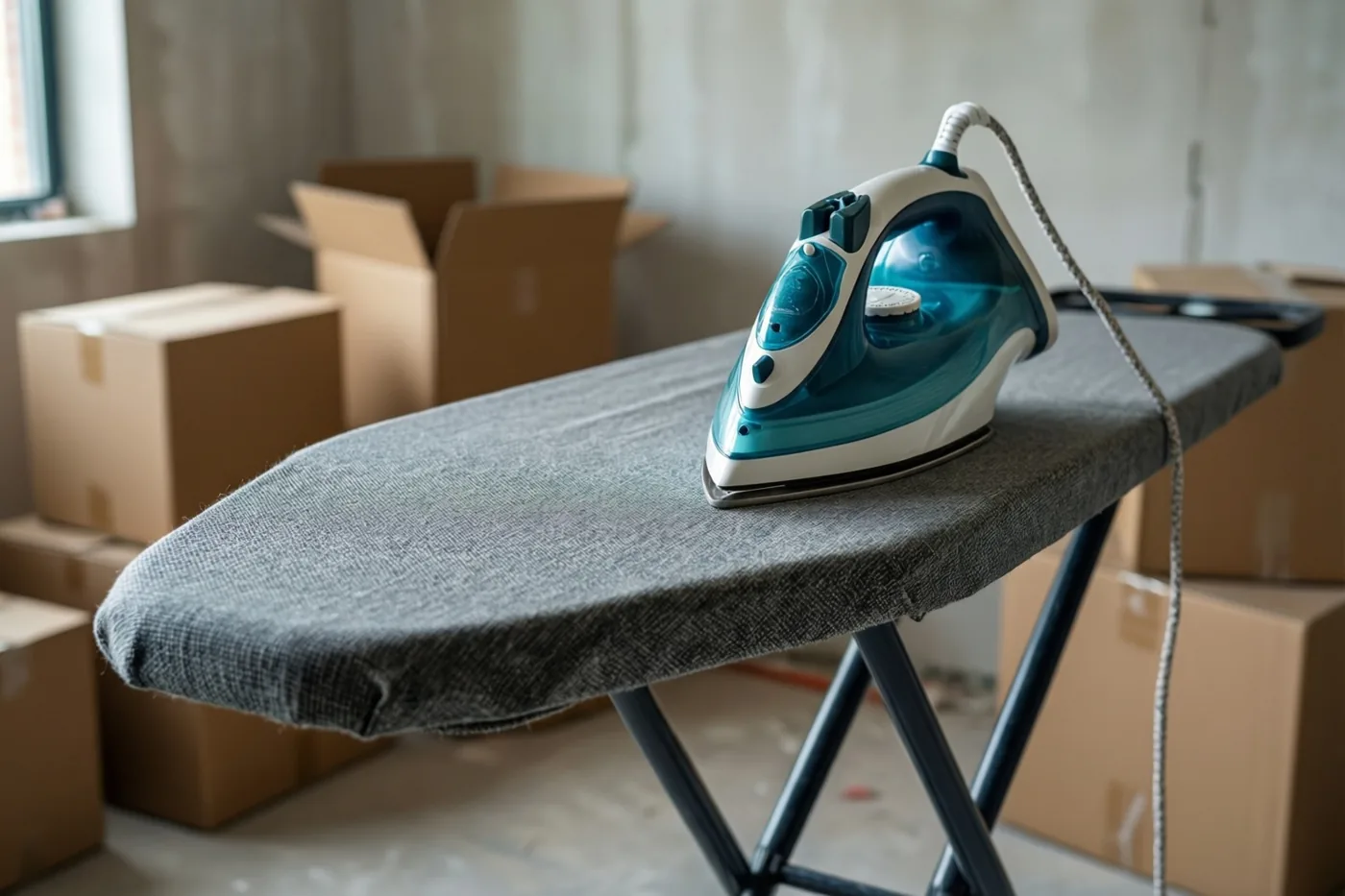 Een strijkplank met een grijze hoes dient als eettafel in een lege kamer, met kartonnen verhuisdozen als stoelen en daglicht van een raam.
