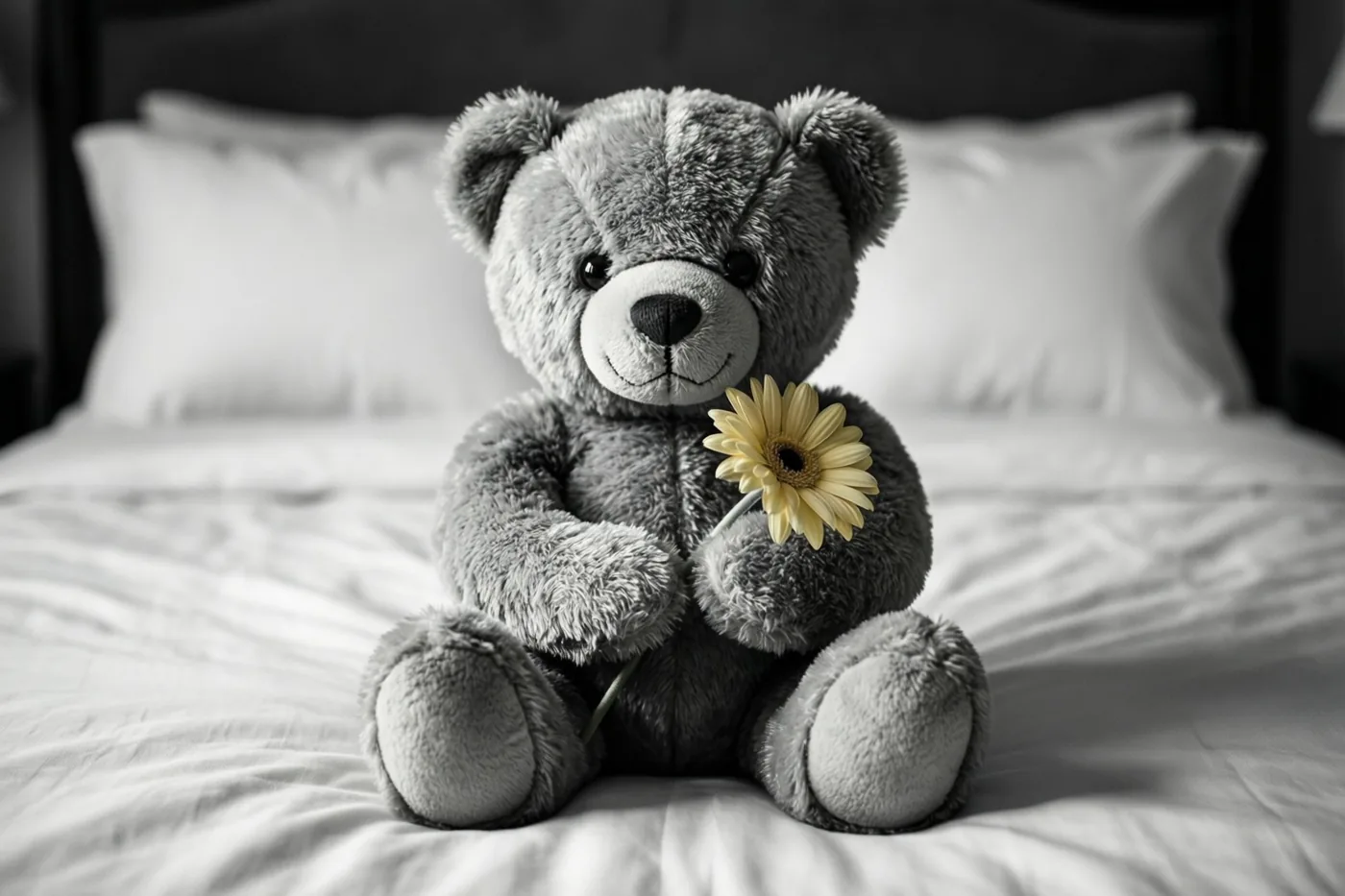 Een grijze teddybeer met een gele bloem zit rechtop op een wit bed, in een zwart-witbeeld waarin alleen de bloem kleur heeft.