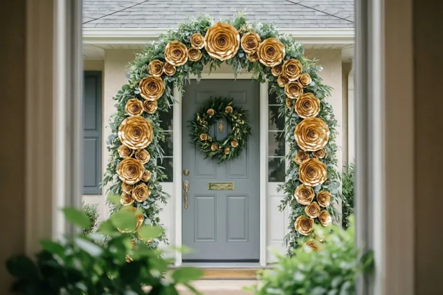 Door een raam is een grijze voordeur met een groene krans te zien, omringd door een grote boog van groen en gouden papieren rozen.