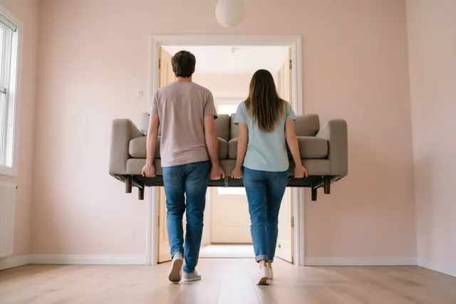 Twee mensen dragen een grijze zetel door een open deuropening naar een lichte kamer met roze muren en een lichte houten vloer.