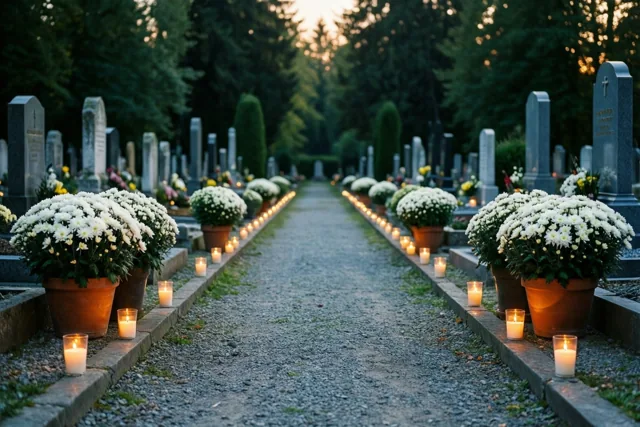 Een grindpad op een begraafplaats heeft in de schemering aan beide kanten brandende kaarsen en potten witte chrysanten, met bomen en grafstenen erlangs.