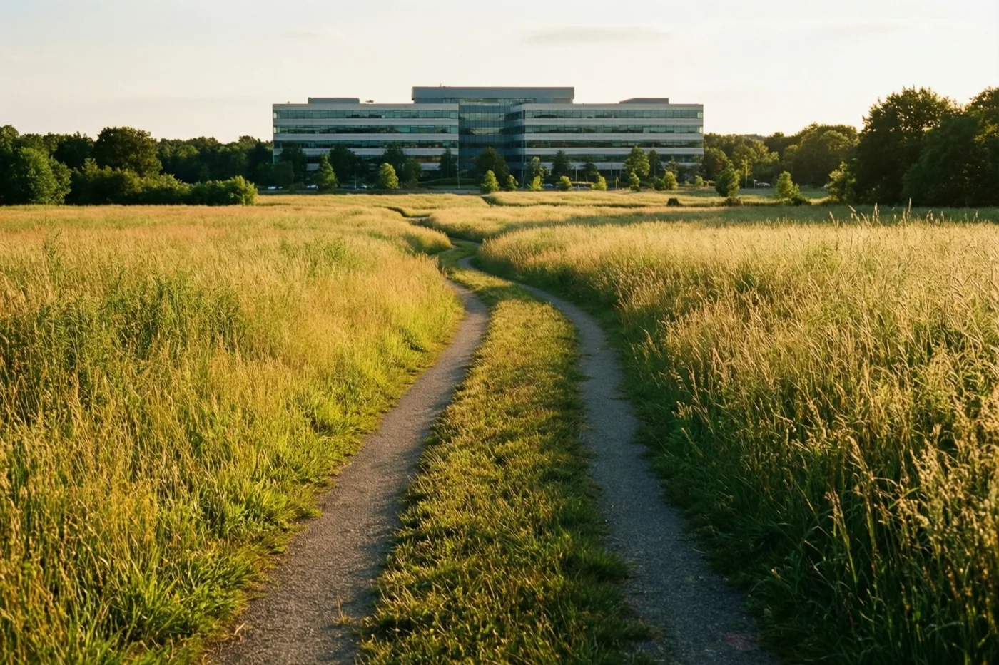 Een slingerend grindpad loopt door hoog gras naar een modern kantoorgebouw van glas en staal in warm goudkleurig licht.