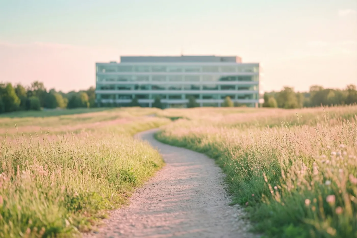 Een kronkelend grindpad loopt door hoog gras en wilde bloemen naar een modern glazen kantoorgebouw in warm goudkleurig licht.