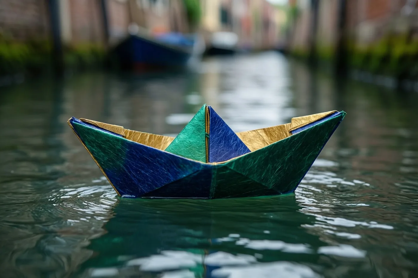 Een papieren bootje met groene, blauwe en gouden vlakken drijft op kalm kanaalwater, met onscherpe gebouwen en een andere boot op de achtergrond.