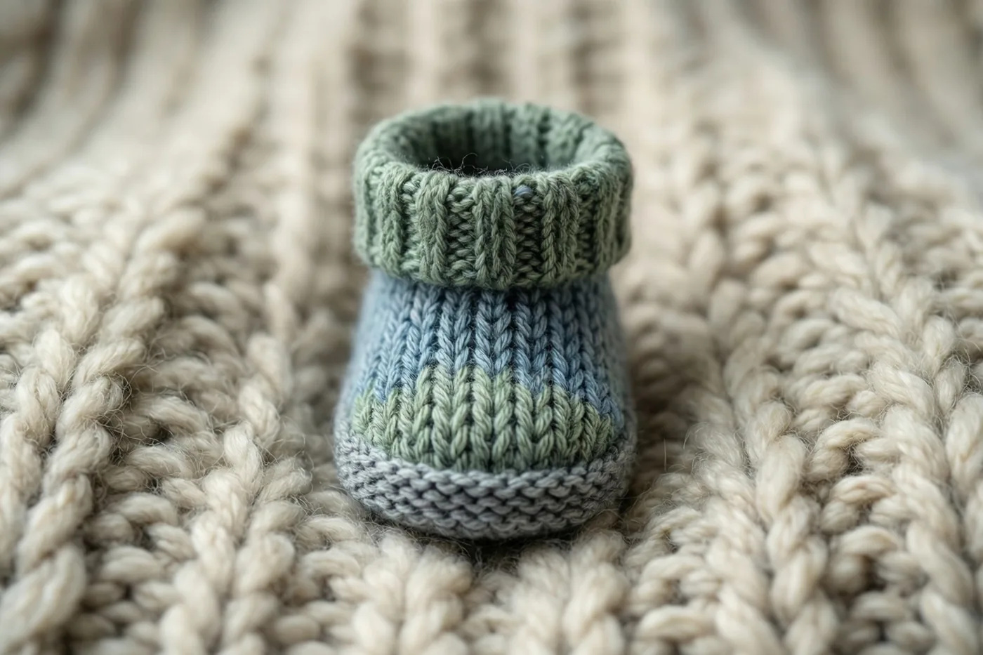 Een klein gebreid babyslofje in groen, blauw en grijs ligt op een dikke crèmekleurige wollen deken in zacht licht.