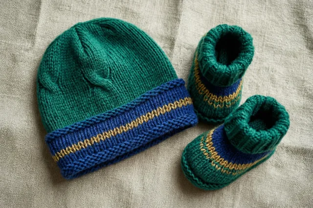 Een gebreid babymutsje en bijpassende slofjes in groen, blauw en goud liggen op een linnen doek met structuur, recht van bovenaf gefotografeerd.
