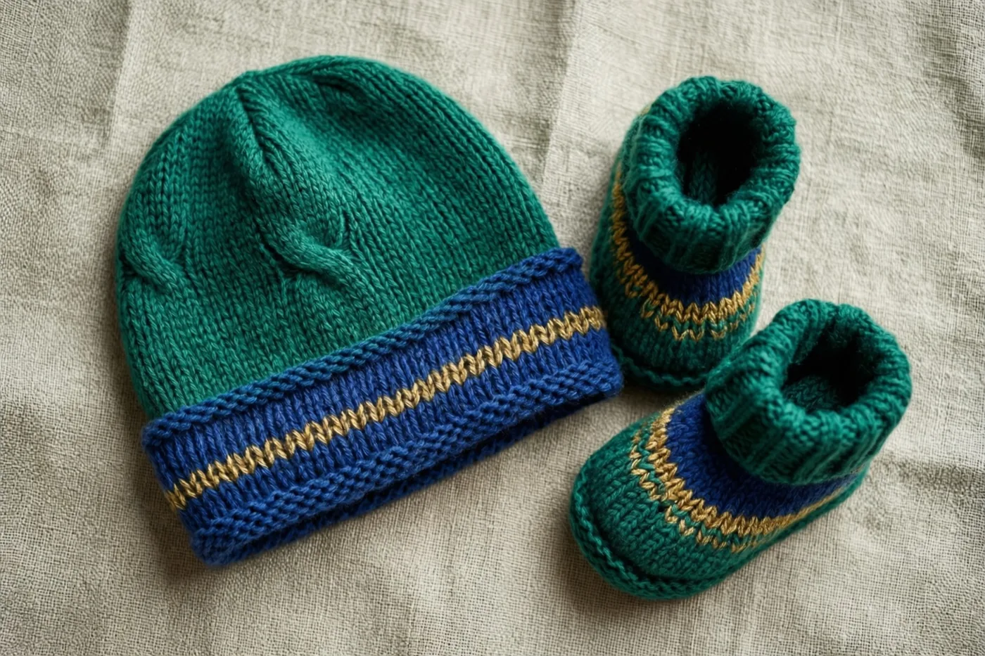 Een gebreid babymutsje en bijpassende slofjes in groen, blauw en goud liggen op een linnen doek met structuur, recht van bovenaf gefotografeerd.