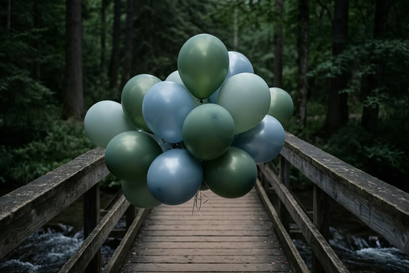 Groene en blauwe ballonnen hangen boven een houten voetbrug over een beek in een dicht, donkergroen bos.
