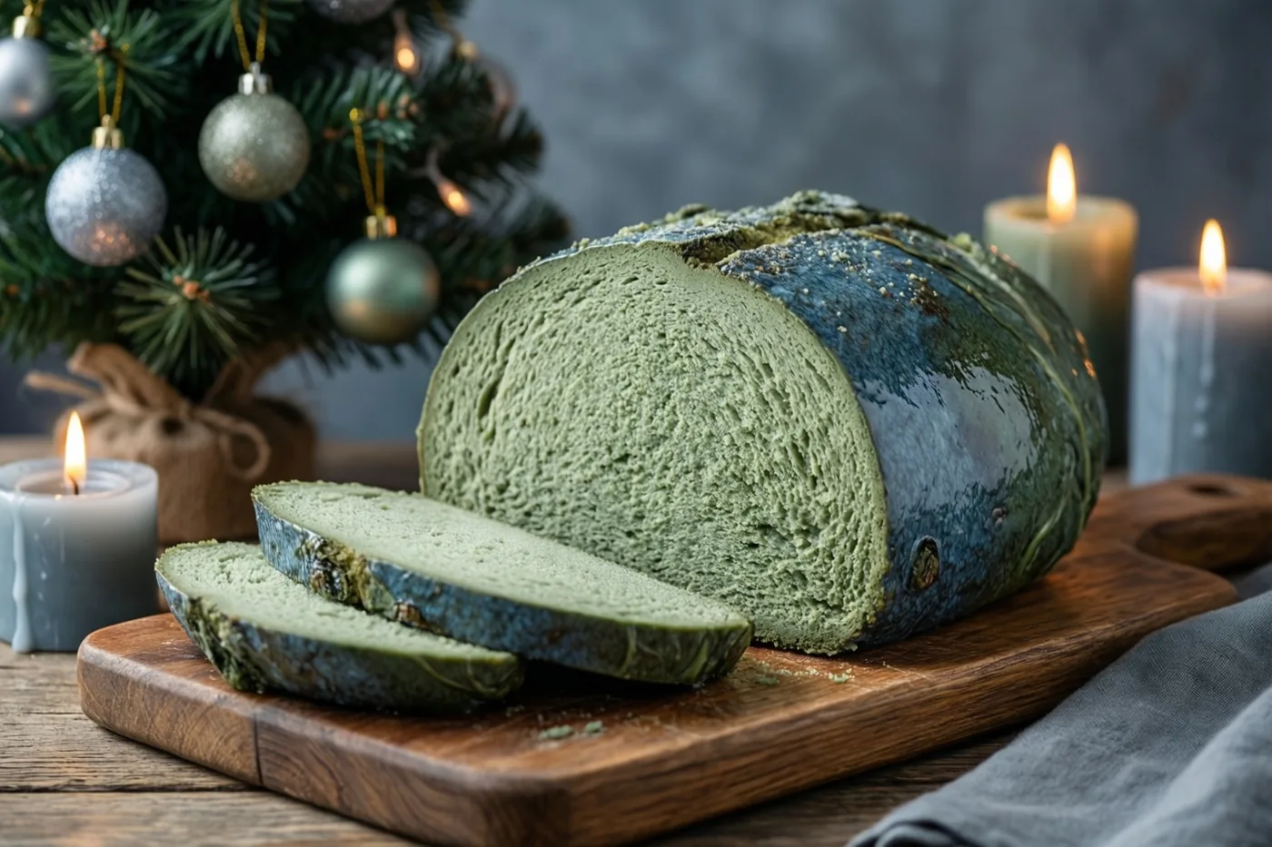 Een aangesneden groen brood ligt op een houten snijplank naast een klein versierd kerstboompje en brandende kaarsen in warm licht.
