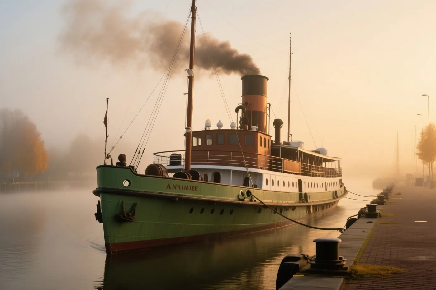 Een groen-bruine stoomboot met donkere rook uit de schoorsteen ligt aan een kade op een mistige ochtend in warm goudkleurig licht.