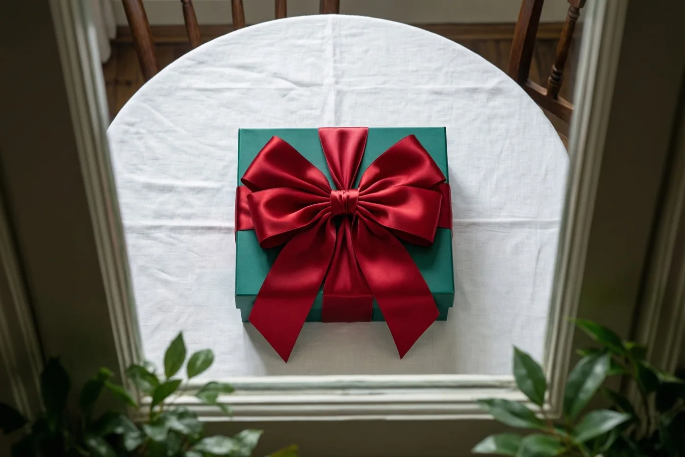 Een groene geschenkdoos met een grote rode satijnen strik staat op een met wit linnen bedekte stoel, omkaderd door een witte lijst met groene bladeren onderaan.