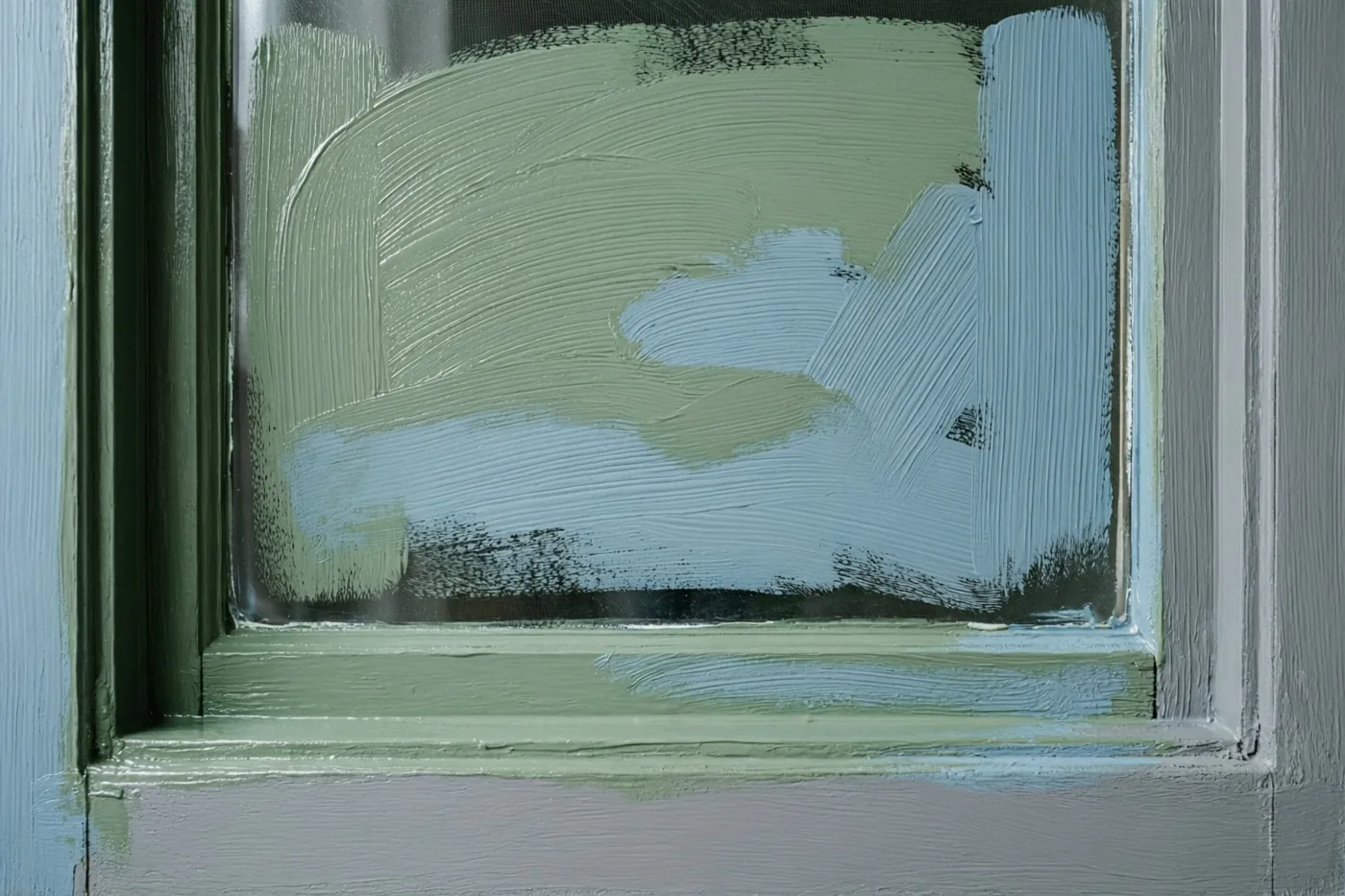 Een raamkozijn is van dichtbij te zien met verse groene en blauwe verf, zichtbare penseelstreken en resten afplaktape op het glas.