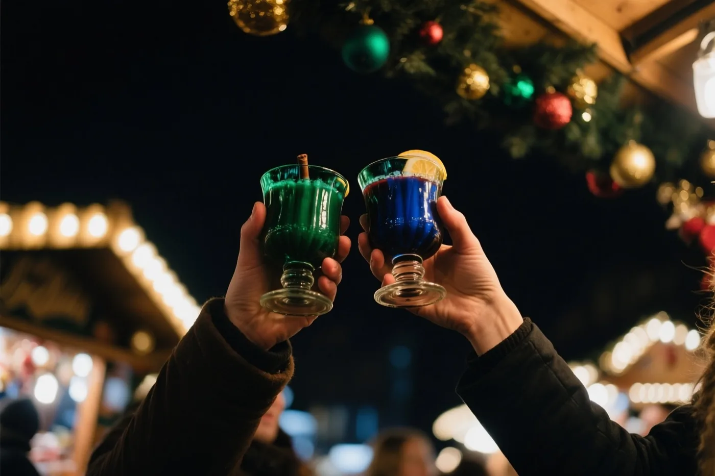 Twee handen klinken met een groen en een blauw glas glühwein aan een kerstmarktkraam, met warme lichtjes en versierde slingers op de nachtelijke achtergrond.