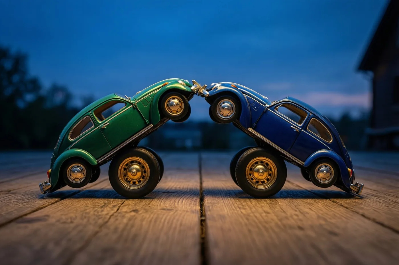 Een groen en een blauw blikken speelgoedautootje in retrostijl staan met de neuzen naar elkaar op een houten vloer en lijken naar elkaar over te hellen, voor een onscherpe achtergrond met een schemerblauwe lucht.