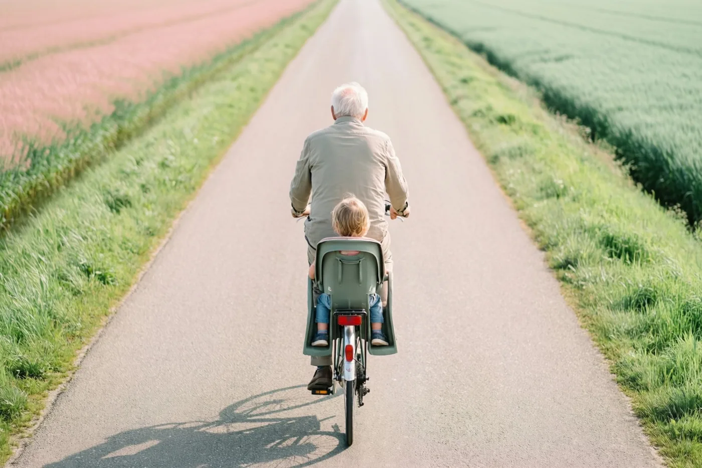 Een oudere man met wit haar fietst met een kind in een groen zitje achterop over een verharde weg tussen een roze en een groen veld.