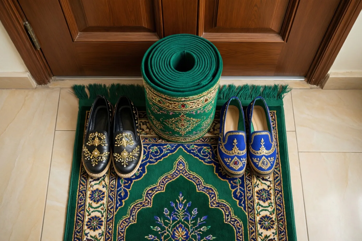 Een opgerold groen gebedskleed en twee paar sierlijke schoenen liggen op een tapijt met een patroon bij een houten deur.