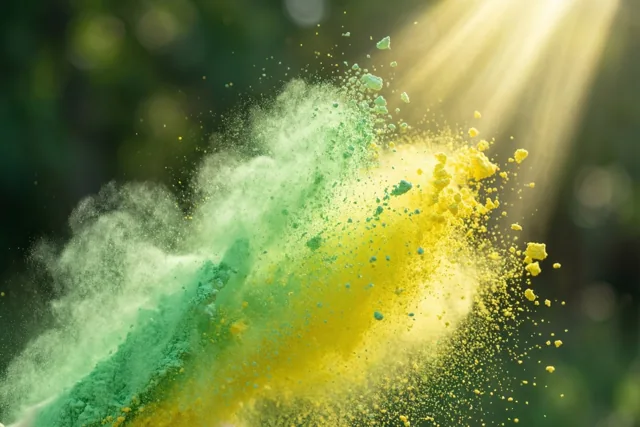Een wolk groen en geel krijtstof hangt in een felle zonnestraal tegen een wazige groene achtergrond.
