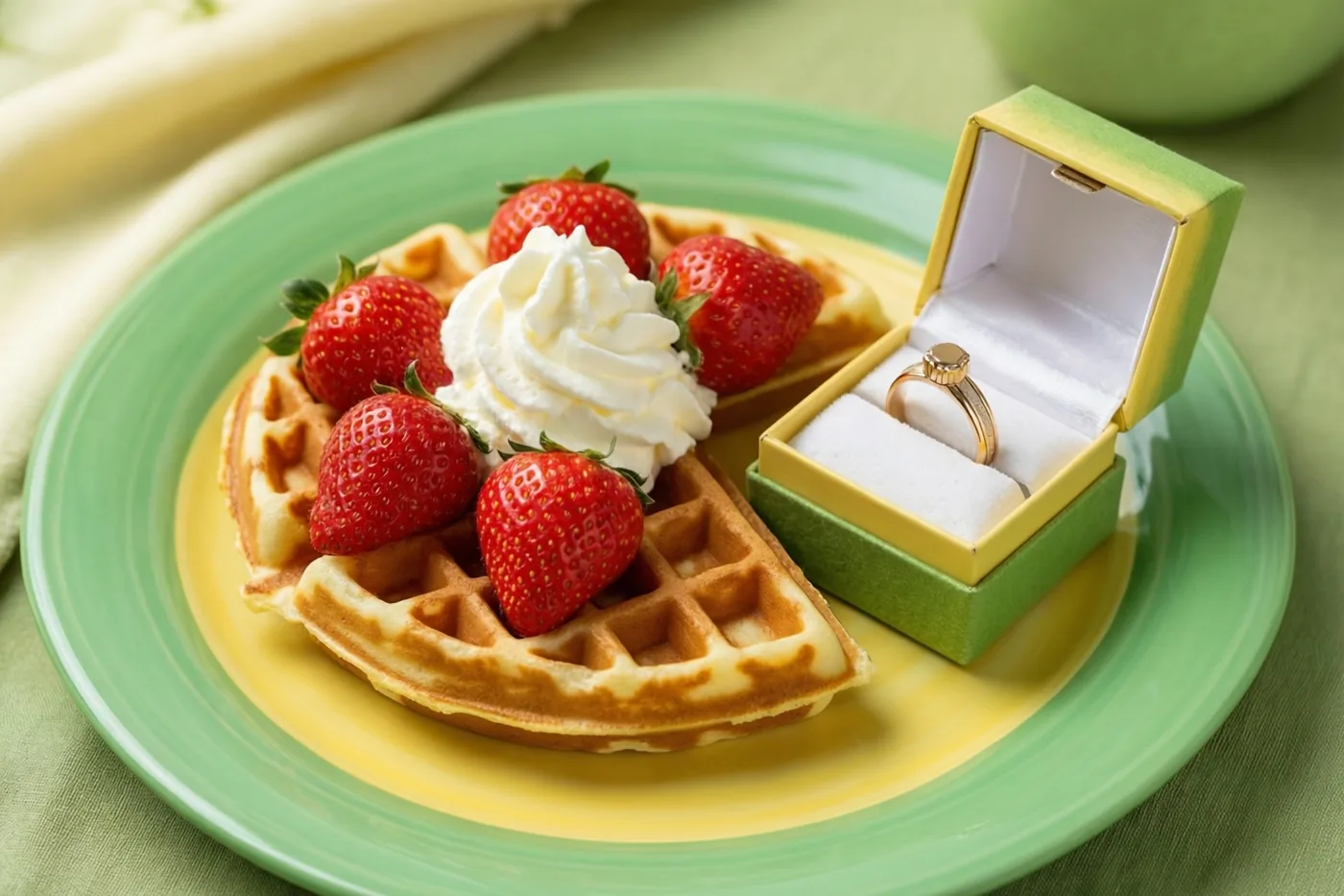 Een gouden ring ligt in een open groen-geel doosje naast een wafel met aardbeien en slagroom op een groen-geel bord, op een zachte groene stof.