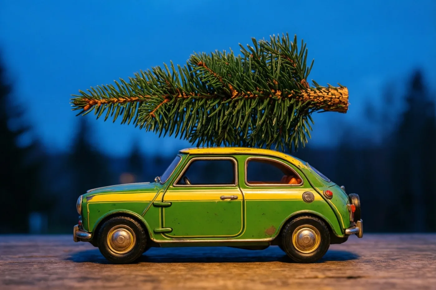 Een groen-geel blikken speelgoedautootje in vintagestijl met een dennentak op het dak staat in warm licht tegen een blauwe schemerachtergrond.
