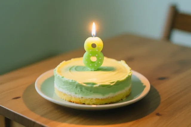 Een kleine huisgemaakte roomtaart met groen en geel glazuur staat op een houten tafel met bovenop een brandend groen kaarsje in de vorm van een 8.