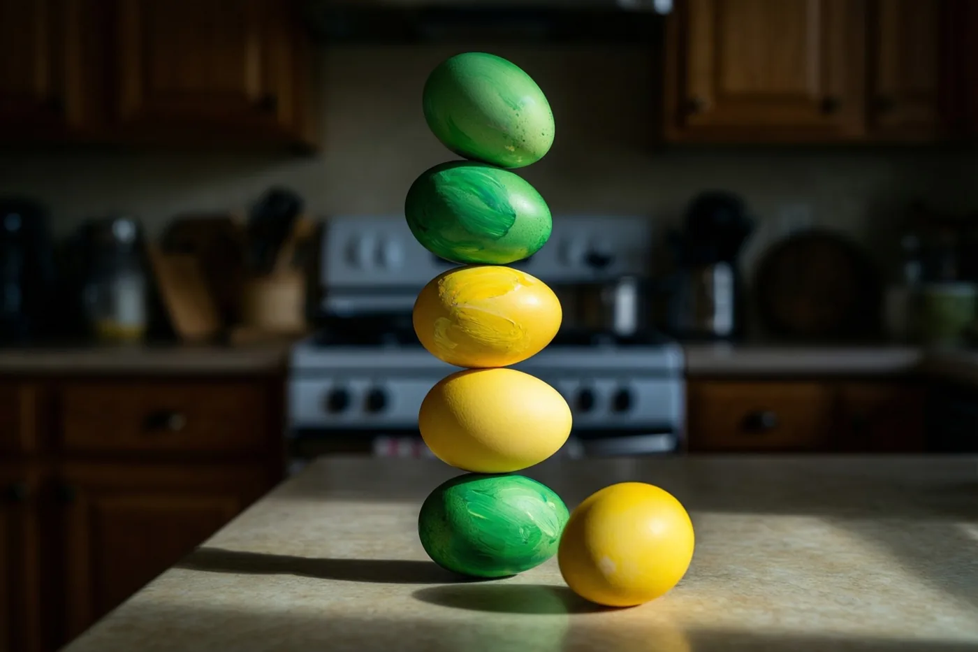 Vijf afwisselend groene en gele beschilderde eieren vormen een wankele toren op een keukenwerkblad terwijl een geel ei opzij rolt, in een schemerige keuken met houten kasten, een fornuis en één zonnestraal.