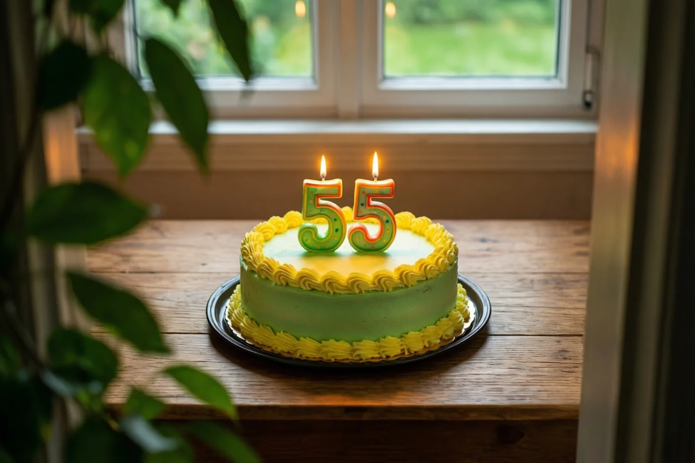 Een ronde groen-gele roomtaart met brandende cijferkaarsjes 55 staat op een houten tafel bij een raam, deels omringd door groene bladeren.