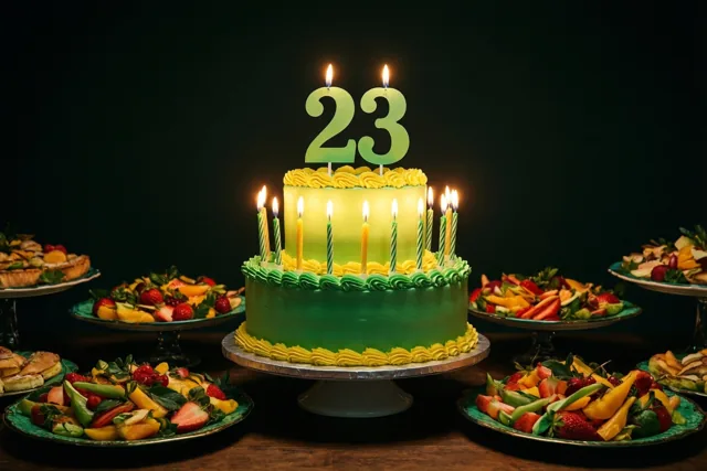 Een groen-gele stapeltaart met brandende kaarsjes en een versiering met 23 staat tussen borden fruitsalade tegen een donkere achtergrond.