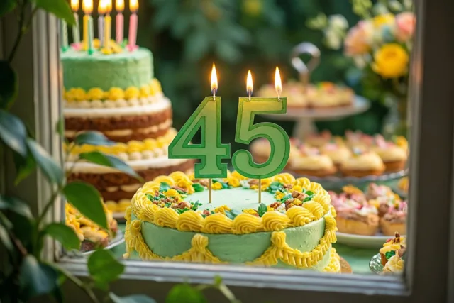 Door een raam is een groen-gele stapeltaart te zien met brandende kaarsjes en een papieren versiering met 45, op een buffet met andere taarten en gebak.