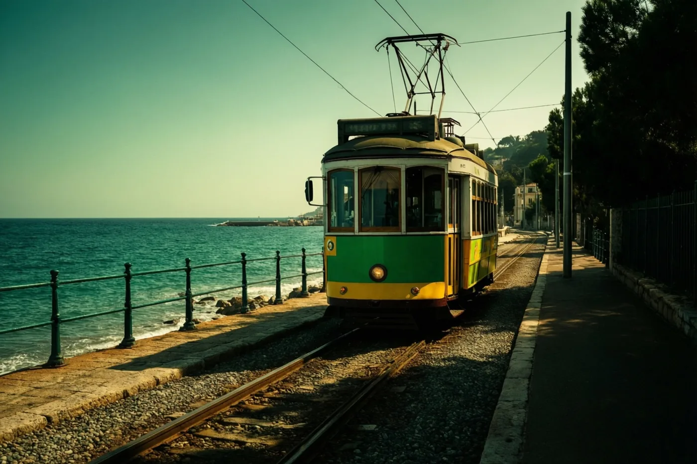 Een groen-gele tram rijdt in warm zonlicht langs een zeepromenade, met sporen naast de zee onder een heldere hemel.