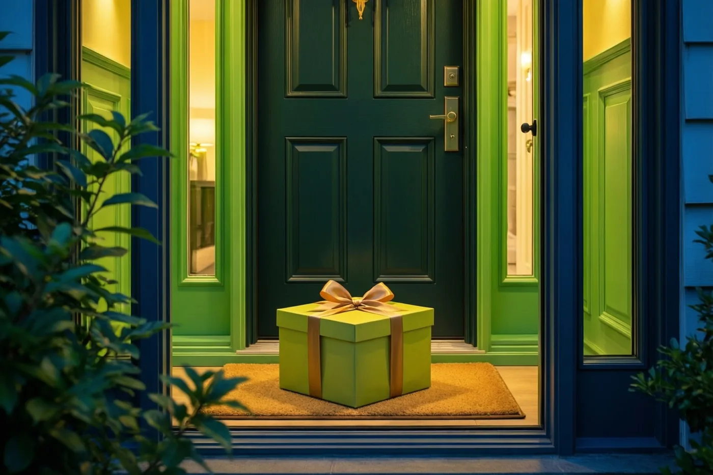 Een felgroene geschenkdoos met een goudkleurig satijnen lint staat op een deurmat voor een donkergroene voordeur met felgroene omlijsting en warm licht vanuit het huis.