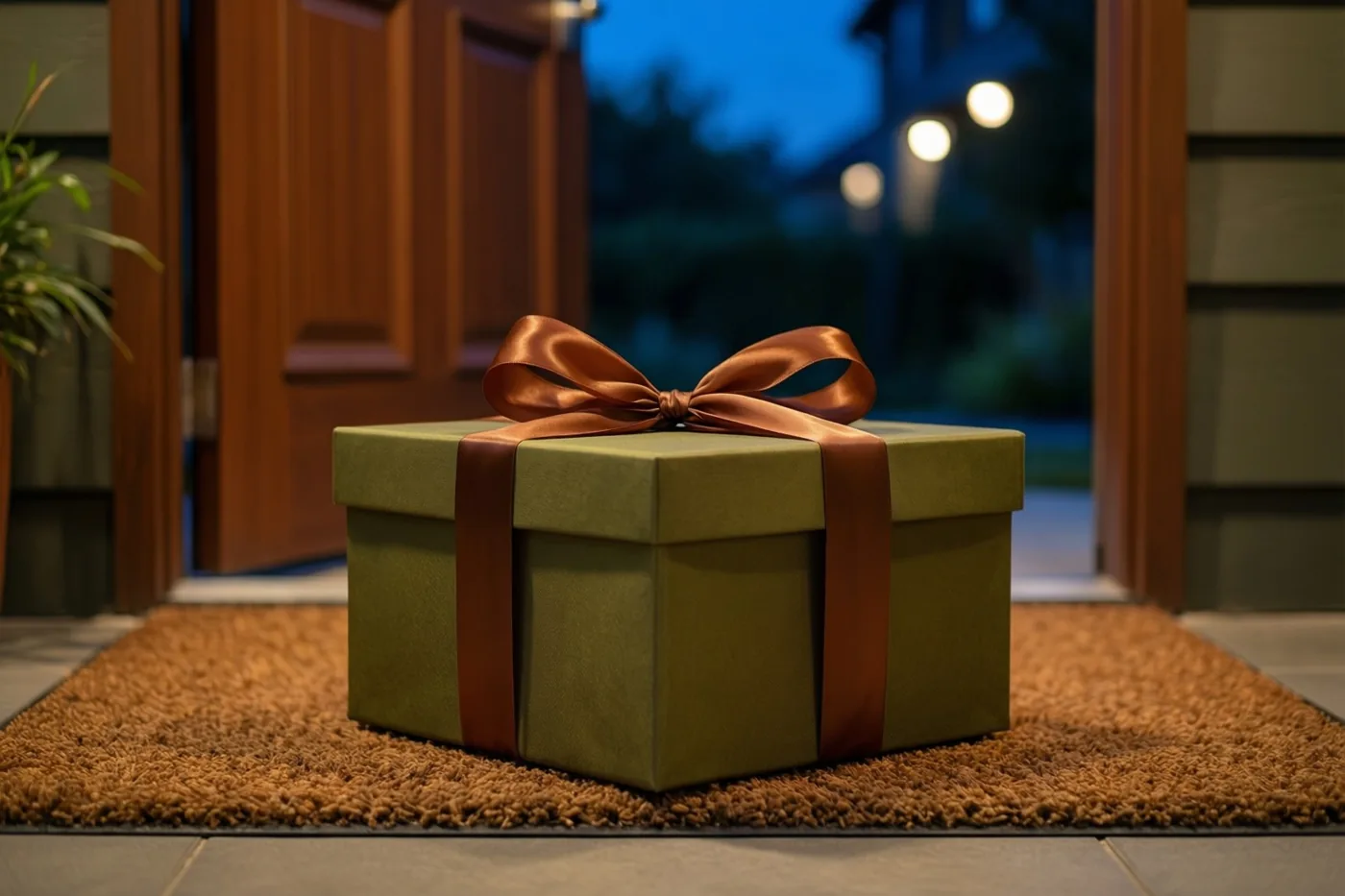 Een groene geschenkdoos met een bruin satijnen lint staat op een bruine deurmat voor een open houten deur, bij schemering met warm licht van binnen en onscherpe straatlichten op de achtergrond.