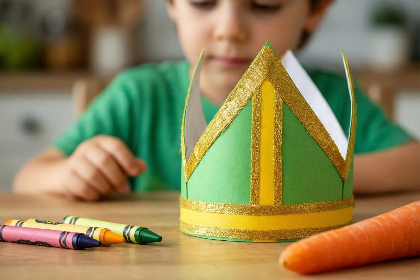Een zelfgemaakte groen-gouden papieren mijter staat naast waskrijtjes en een wortel op een houten keukentafel, met een kind in een groen shirt onscherp op de achtergrond.