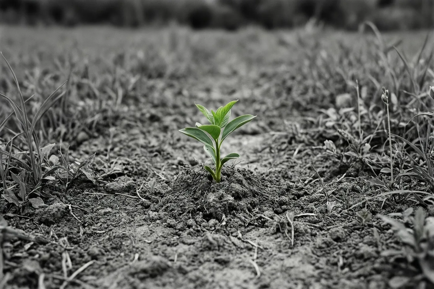 Een groen kiemplantje groeit uit donkere aarde in een veld dat verder in grijstinten is weergegeven.
