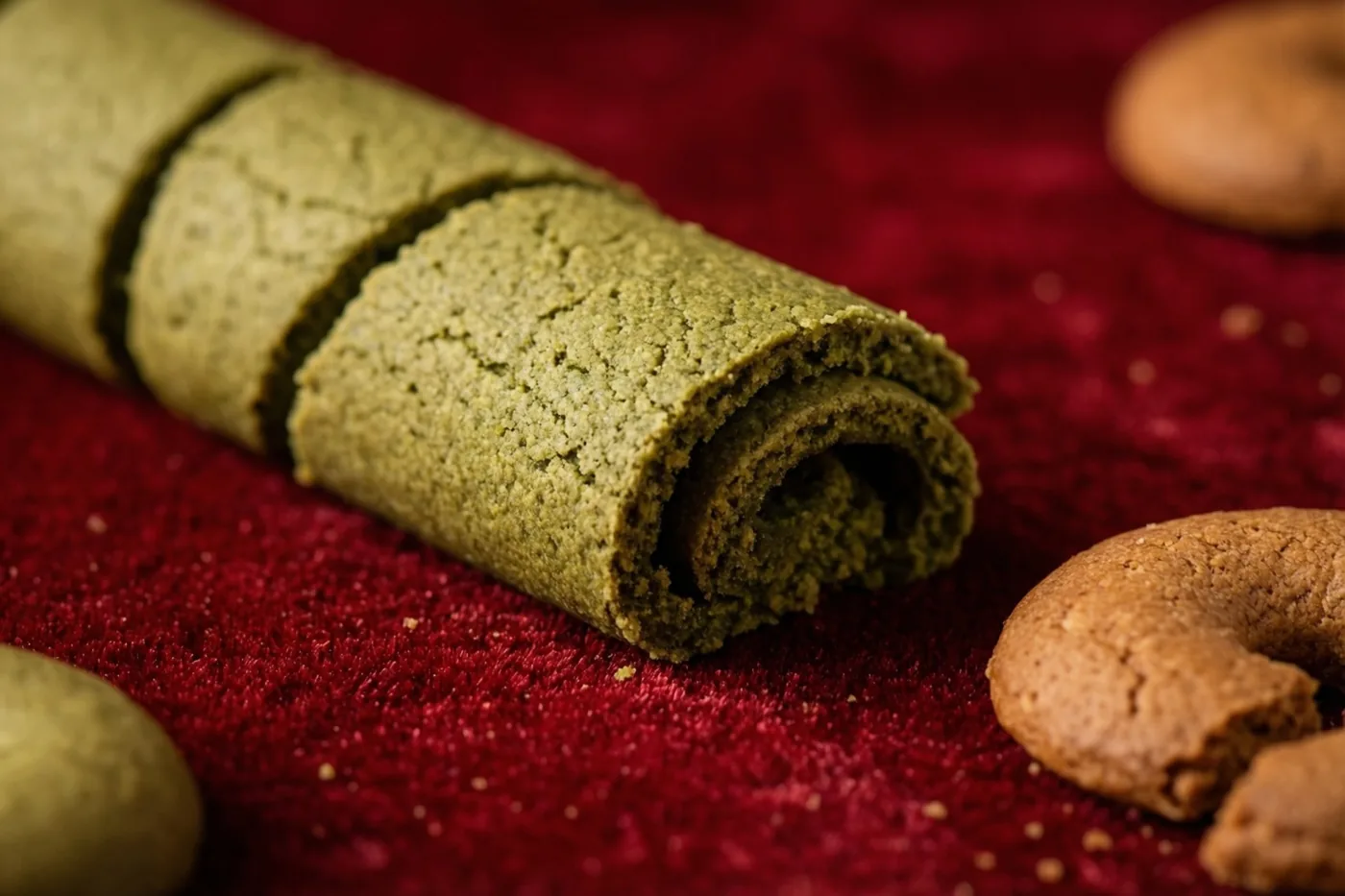 Een groen opgerold koekje ligt schuin op dieprood fluweel, met enkele bruine koekjes ernaast in warm licht.