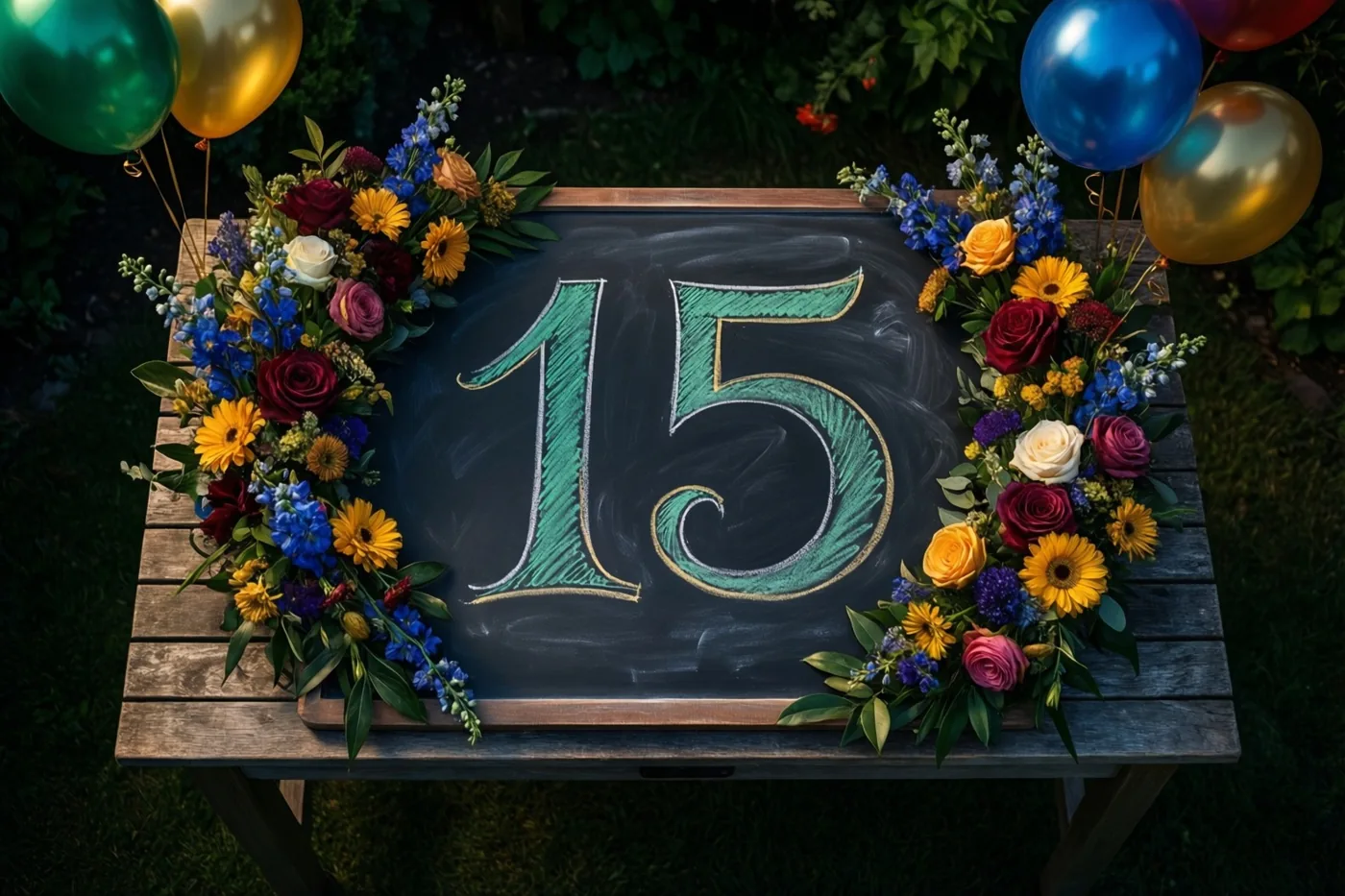 Op een houten tuintafel staat een krijtbord met 15 in groen krijt, omringd door kleurrijke bloemstukken en ballonnen in een groene tuin.