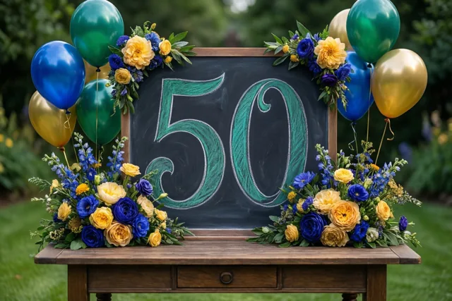 Een krijtbord met 50 in groen krijt staat op een houten tuintafel tussen blauwe en gele bloemen en ballonnen.