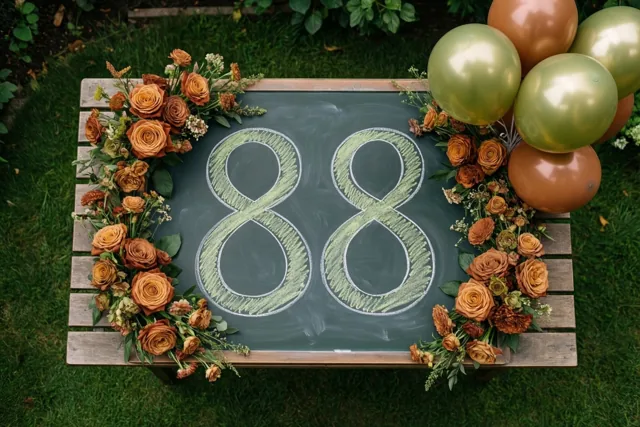 Een krijtbord met 88 in groen krijt staat op een houten tuintafel tussen oranje rozen en groene ballonnen op het gras.