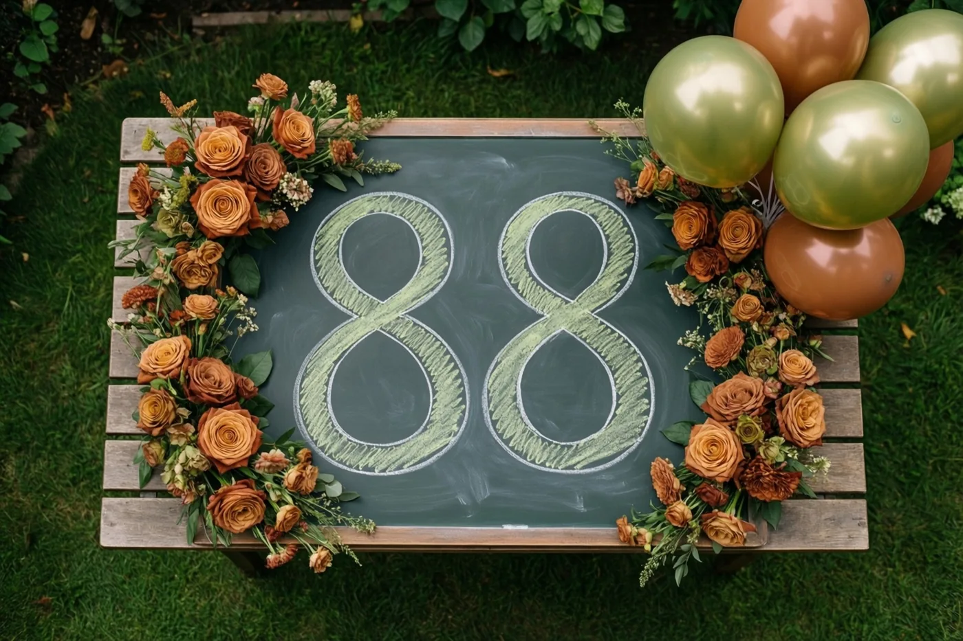 Een krijtbord met 88 in groen krijt staat op een houten tuintafel tussen oranje rozen en groene ballonnen op het gras.