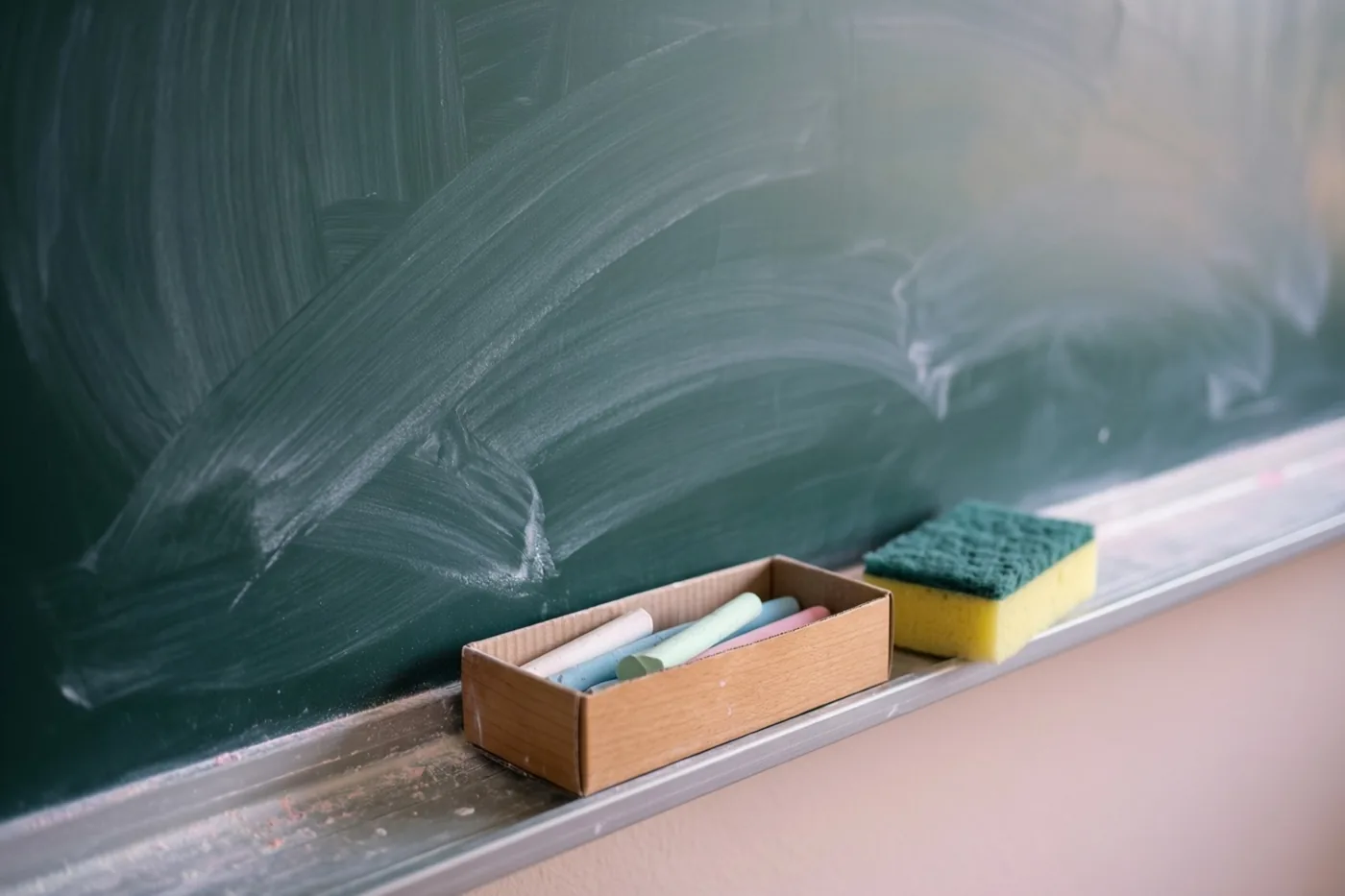 Een groen krijtbord is van dichtbij te zien met een houten doos gekleurde krijtjes en een geelgroene spons op de metalen richel.