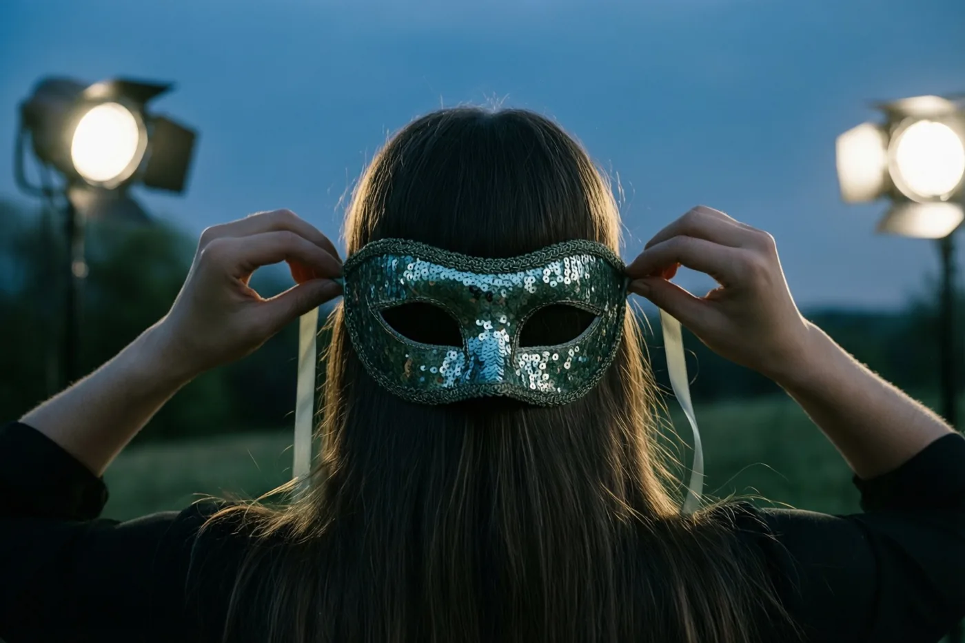 Een persoon met lang donker haar knoopt, van achteren gezien, de linten van een groen masker met pailletten vast, buiten bij schemering met felle podiumlichten op de achtergrond.