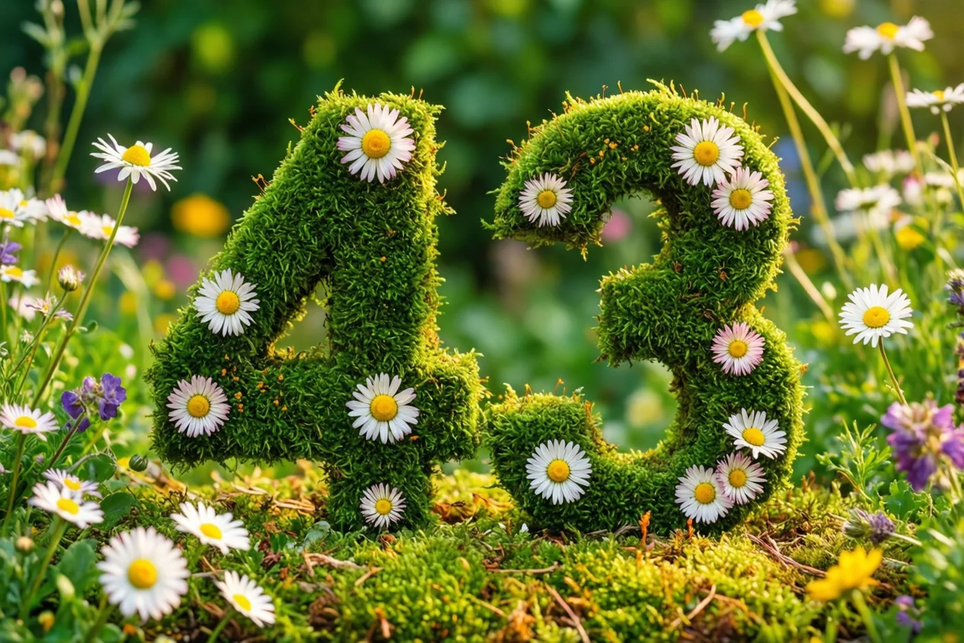 Een weelderig groen mosframe vormt 43 en is versierd met madeliefjes in een landelijke tuin.