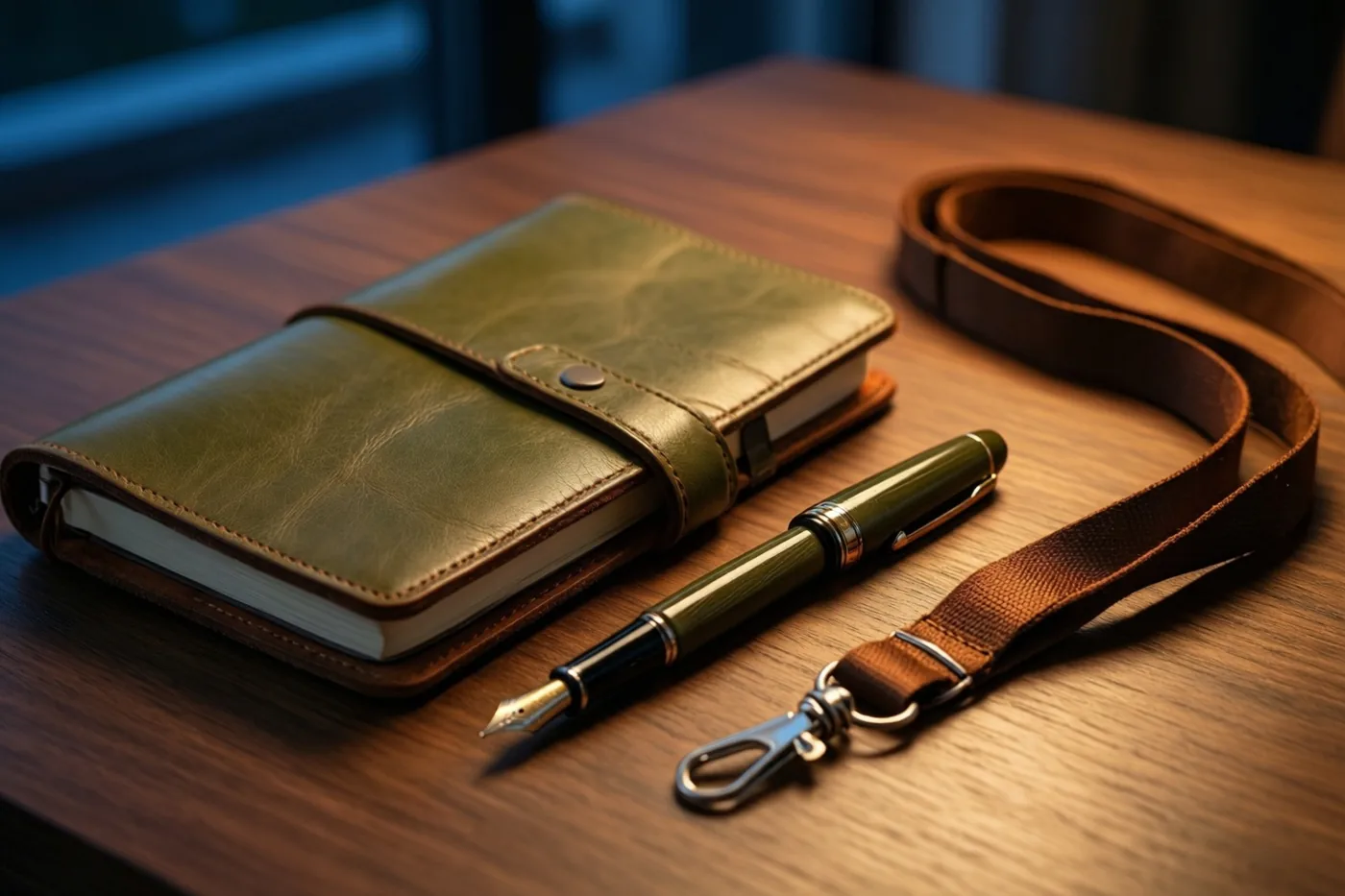 Een groen leren notitieboek, een bijpassende groene vulpen en een onbedrukt bruin keycord met een metalen clip liggen op een houten bureau in warm licht.