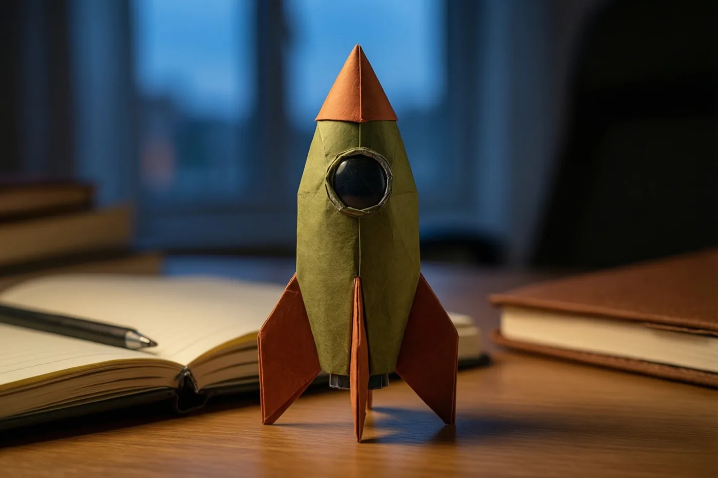 Een gevouwen papieren raket met groene en oranje vlakken staat op een houten bureau naast een open notitieboek met een pen, tegen een onscherpe blauwe achtergrond.