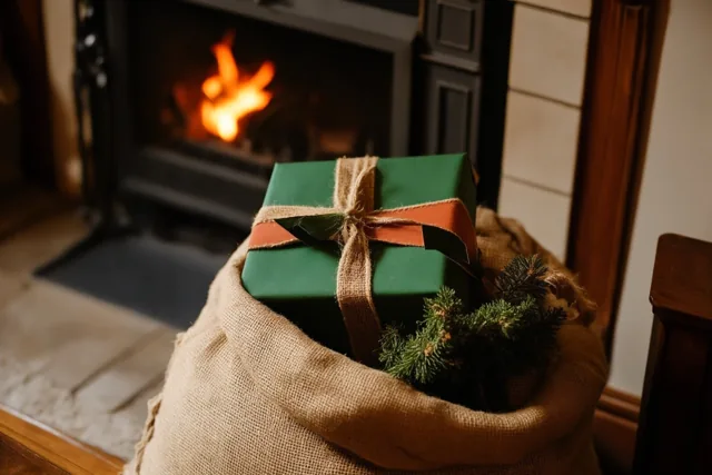 Een grote jutezak vol cadeaus staat bij een brandende haard, met bovenaan een groene cadeaudoos met touw en lint.