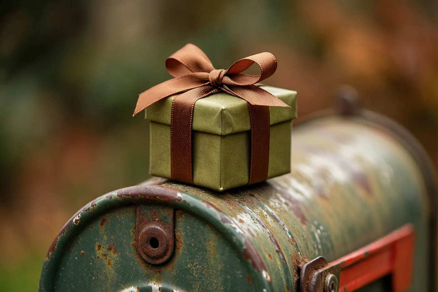 Een klein groen geschenkdoosje met een bruine strik staat op een verweerde, roestige groene geëmailleerde brievenbus tegen een onscherpe herfstachtergrond.