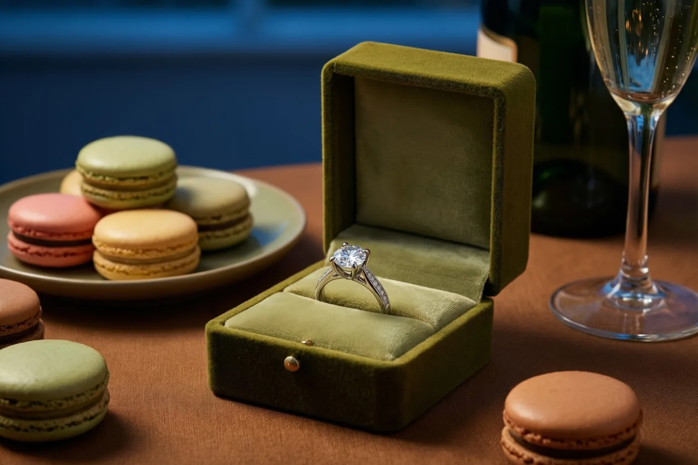 Een open groen fluwelen ringdoosje met een diamanten ring staat op een bruine tafel bij een bord pastelkleurige macarons en een glas champagne, tegen een blauwe achtergrond.